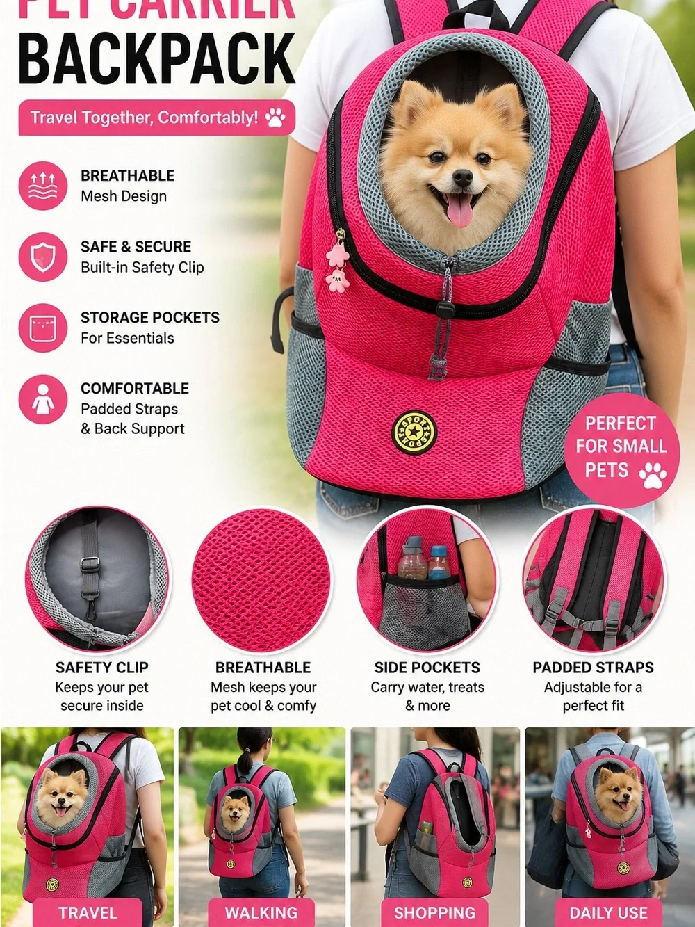 Sporto Pink and Gray Breathable Pet Carrier Backpack